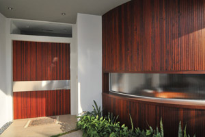 9305 Nightingale front entry with custom glass and mangaris wood cladding - thumb